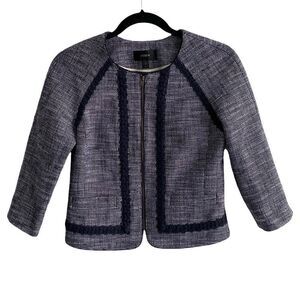 J. CREW Navy Blue Cropped Collarless Tweed Zip Front Blazer Jacket 0